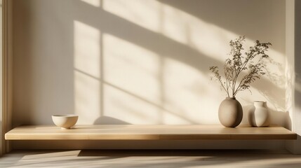 a minimalist zen kitchen display platform crafted from sustainable bamboo, floating against warm cream walls, soft directional lighting casting gentle shadows, perfect for product photography