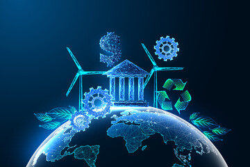 Environmental Social Governance ESG futristic concept with sustainability symbols on Earth on blue
