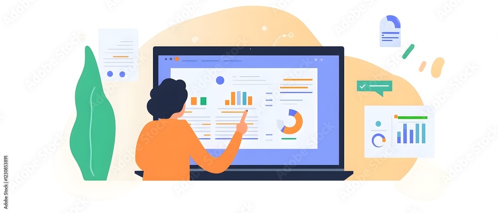 Poster this illustration depicts a person analyzing data on a computer screen, showcasing charts and graphs