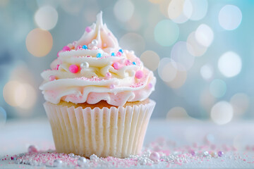 Delicious birthday cupcake on a table with bokeh background. High quality photo