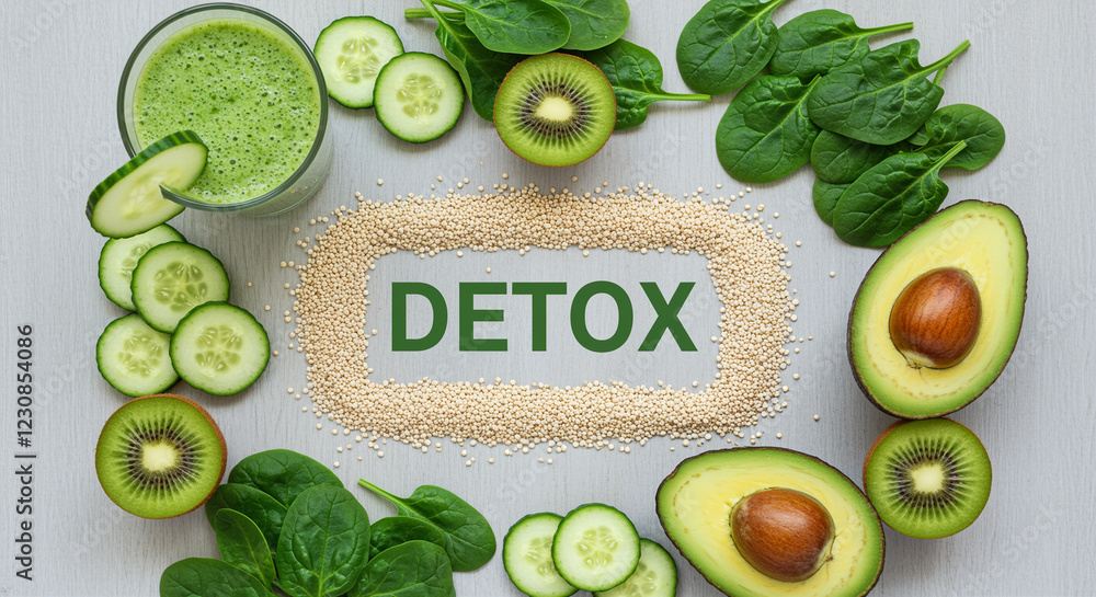Poster avocado and kiwi with detox smoothie and spinach on table. detox concept with avocado kiwi spinach c
