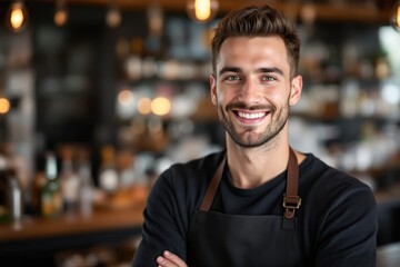 Fototapeta premium portrait of a young smiling Swiss male bartender against blurred bar background