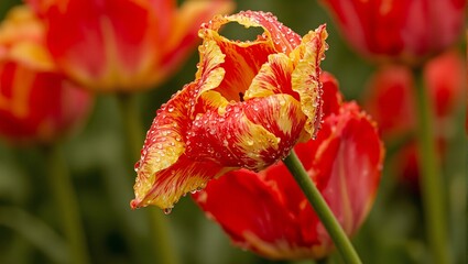 Vivid tulip leaf with raindrops in spring garden