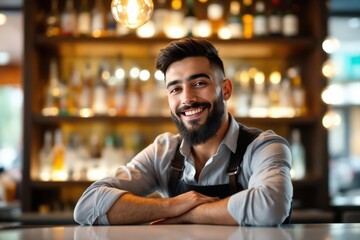 Fototapeta premium portrait of a young smiling Tajik male bartender against blurred bar background