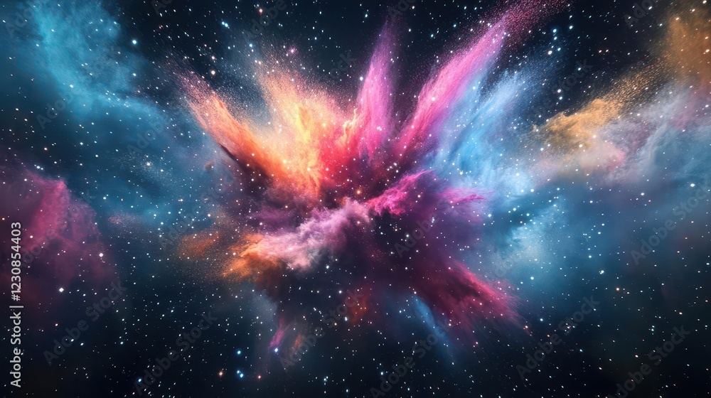Wall mural a swirling cosmic nebula explosion in neon pastels, with stardust particles and iridescent light bea