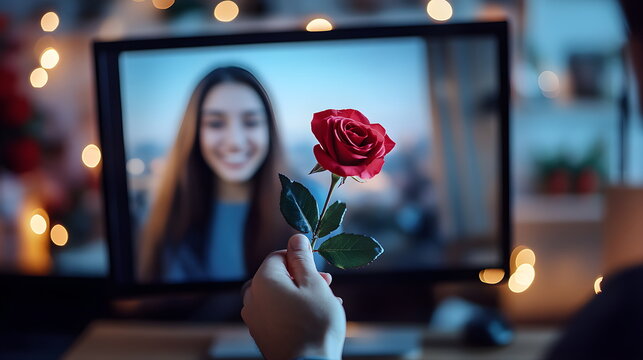 Online dating, long distance relationship, guy gives red rose to his online girlfriend or girlfriend. Video call or greeting. Valentine's Day, March 8. Love and affection.