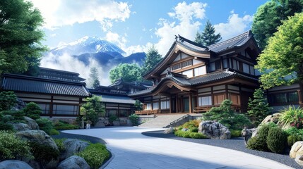 Traditional Japanese House nestled in Mountain Landscape