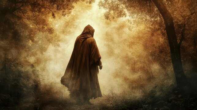 a weathered peasant trudges through ancient misty forest, tattered brown cloak, mystical fog tendrils, ethereal backlit atmosphere, deep shadows, muted earth tones, haunting medieval fantasy