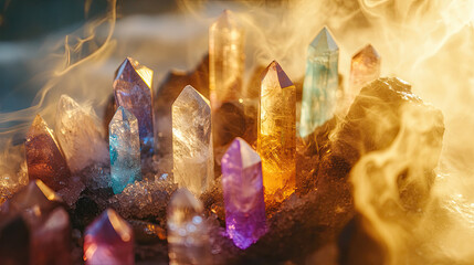 Magical Crystals Glowing in Ethereal Mist at Sunset Glow
