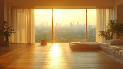 Golden Hour Cityscape View Modern Living Room