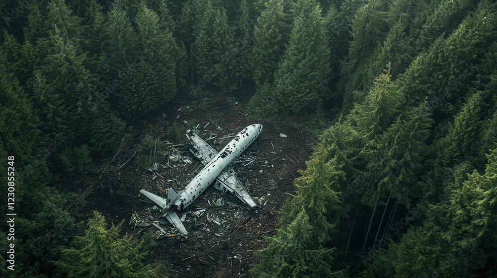 Poster dramatic aerial view reveals airplane wreckage nestled within a dense forest environment during dayl
