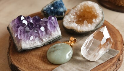 Fototapeta premium Photo of wooden table featuring selection of popular lucky crystals including amethyst, jade, citrine, and quartz
