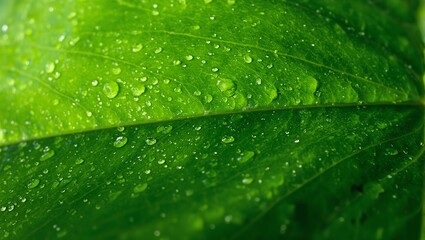 Green magnolia leaf with water droplets glossy under soft sunlight
