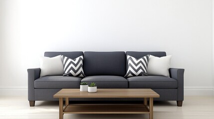 Modern Gray Sofa with Wooden Coffee Table in Minimalist Living Room