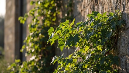 Fototapeta premium Lush green ivy leaf on stone wall bathed in morning sun