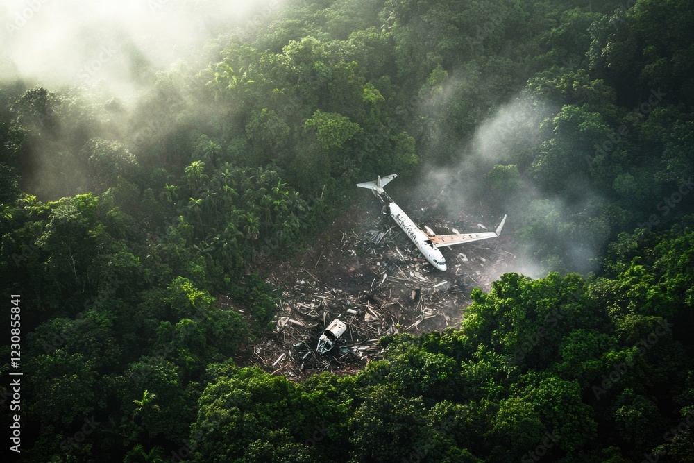 Poster dense forest conceals airplane debris scattered across the ground in a remote location surrounded by
