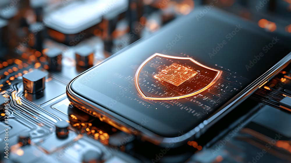 Aufkleber data protection action mobile phone with security shield technology digital environment close-up vie