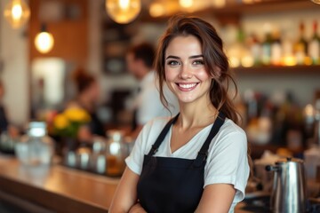 portrait of a young smiling Andorran female bartender against blurred bar background