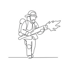 One continuous line drawing of The fire fighter brigade is on duty to put out the blazing fire vector illustration. Fire Fighting design illustration simple linear style vector concept for education.