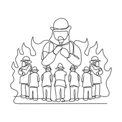 One continuous line drawing of The fire fighter brigade is on duty to put out the blazing fire vector illustration. Fire Fighting design illustration simple linear style vector concept for education.