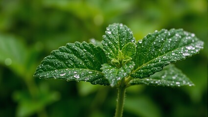 Macro mint leaf with morning dew on textured surface green background