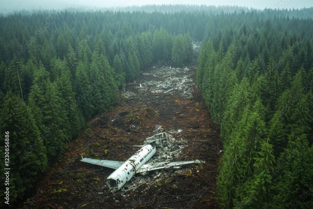 Aufkleber Aerial view of a forest with airplane wreckage scattered among the trees in low visibility conditions. Generative AI