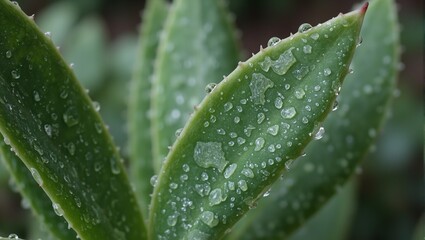 Close up succulent leaf with water droplets bathed in soft indoor light