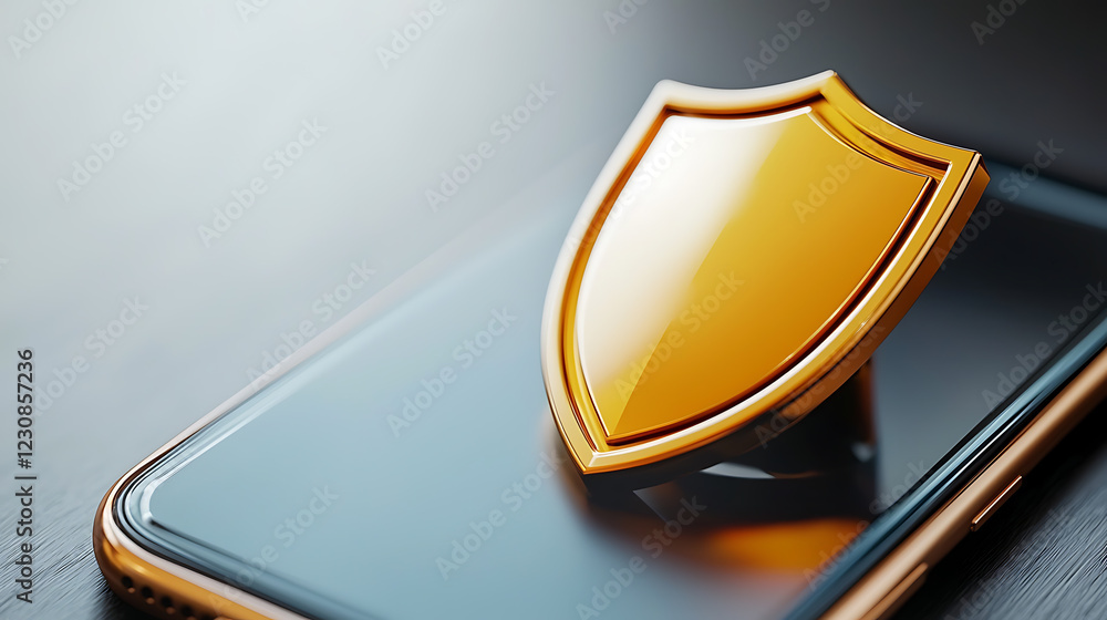 Poster secure financial insights on phone screen with shield icon technology digital content modern environ