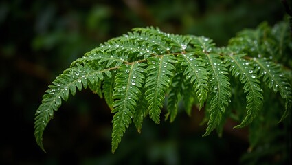 Lush green fern leaf with glistening dew in a tranquil forest