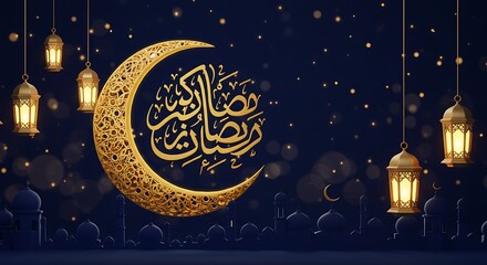 Ramadan Crescent Moon: Golden Intricate Design with Festive Lanterns