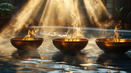 Tranquil Water Scene with Bronze Bowls and Whimsical Flames