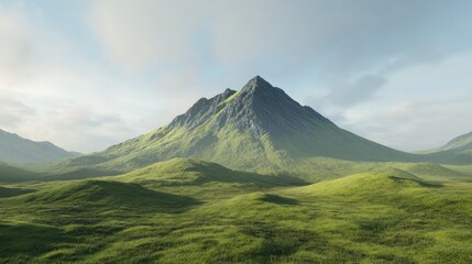 Fototapeta premium Serene Mountain Landscape: A Breathtaking View of Rolling Hills and Majestic Peaks Under a Soft Sky