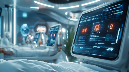 Fototapeta premium Innovative healthcare solutions futuristic medical facility digital interface high-tech environment close-up viewpoint secure health insurance networks illuminated by cyber technology