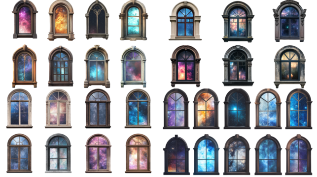 Collection of Artistic Windows Featuring Cosmic Reflections Against a White Transparent Background for Creative Design Use
