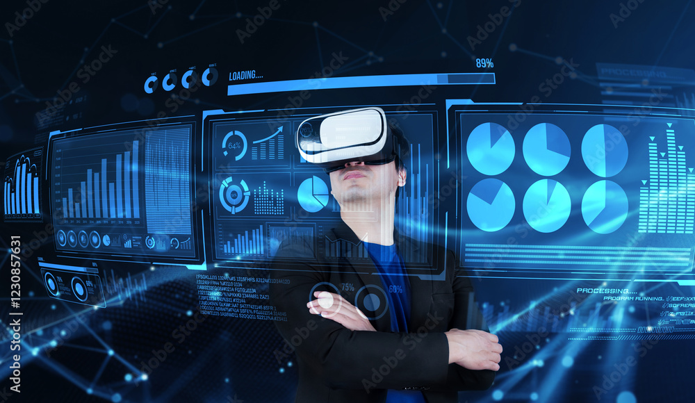 Poster smart business man with goggles working while using ai technology. manager accessing at global netwo