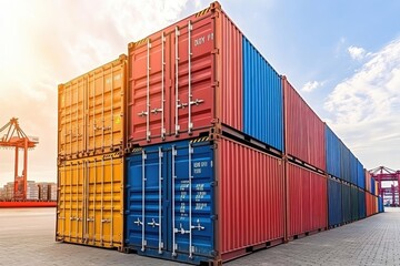 Colorful Shipping Containers Stacked in a Port Under a Bright Sky at Sunset