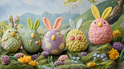 Five Pastel Easter Bunnies on Mossy Hillside
