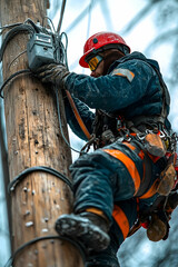 Utility Worker in Safety Gear Maintaining Power Lines on Wooden Pole - Professional Infrastructure Maintenance