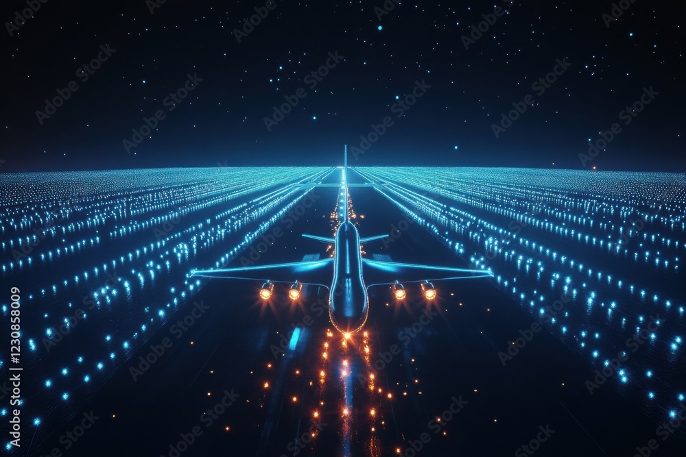 Aufkleber brightly lit runway with an airplane preparing for takeoff at night surrounded by navigation lights.