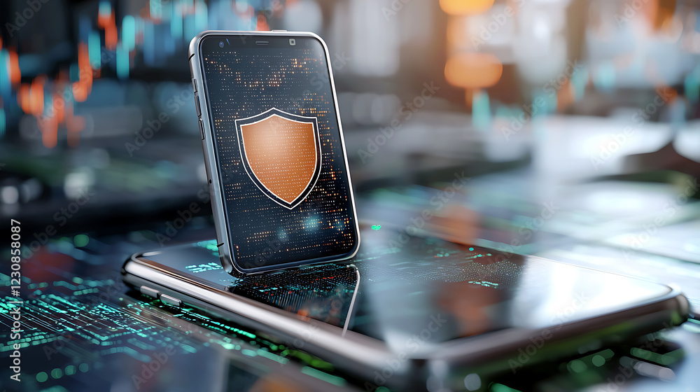 Poster digital security shield protecting analytics on smartphone modern office space conceptual graphics t