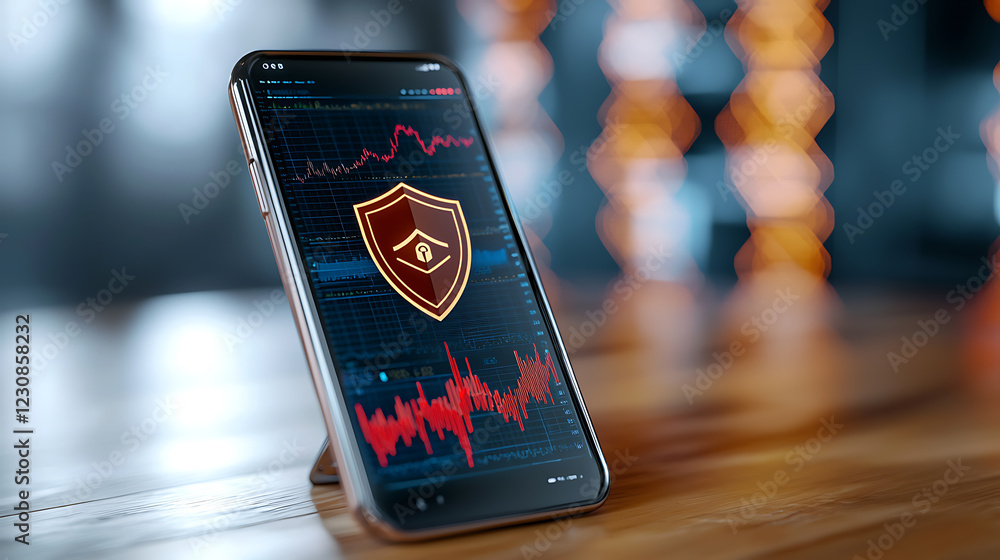 Poster financial security insights digital workspace smartphone display modern technology close-up view con