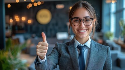 Young Caucasian businesswoman gives a thumbs up, exuding confidence and success in a modern office setting.