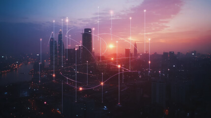 Obraz premium Abstract business man stands on Smart digital Innovation city with connection network reciprocity over the twilight cityscape. of future wireless digital city and social media networking systems