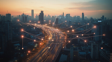 Obraz premium Abstract business man stands on Smart digital Innovation city with connection network reciprocity over the twilight cityscape. of future wireless digital city and social media networking systems