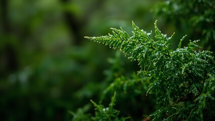 Close up of green fern leaf with morning dew in a forest