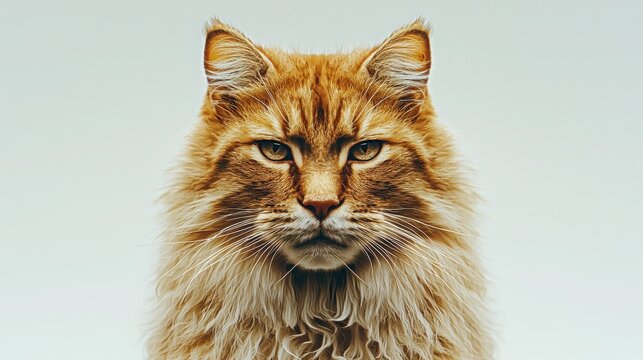A majestic ginger cat stares intently at the camera. Its thick, luxurious fur is a rich, warm orange. The cat's expression is serious and captivating.