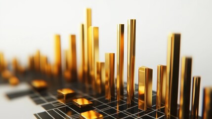 A rising stock market chart with golden bars, investment theme, 3D rendering, isolated on white background. 