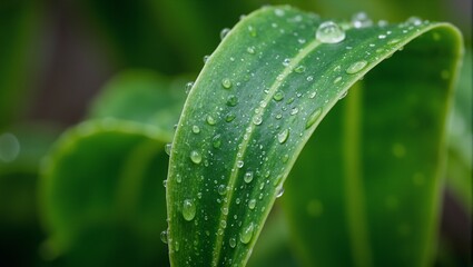 Close up green spider plant leaf with water droplets soft indoor lighting