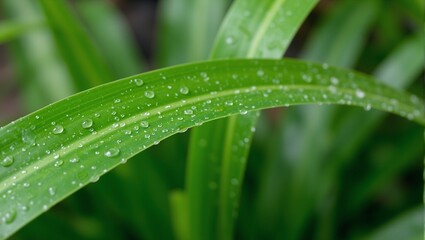 Close up green spider plant leaf with water droplets soft indoor lighting