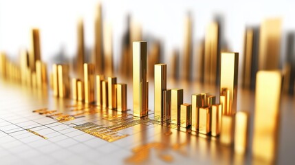 A rising stock market chart with golden bars, investment theme, 3D rendering, isolated on white background. 
